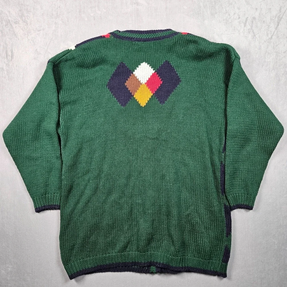 Vintage Cardigan Sweater Women's Medium Green Argyle Chunky Knit Grandma‎ 90s